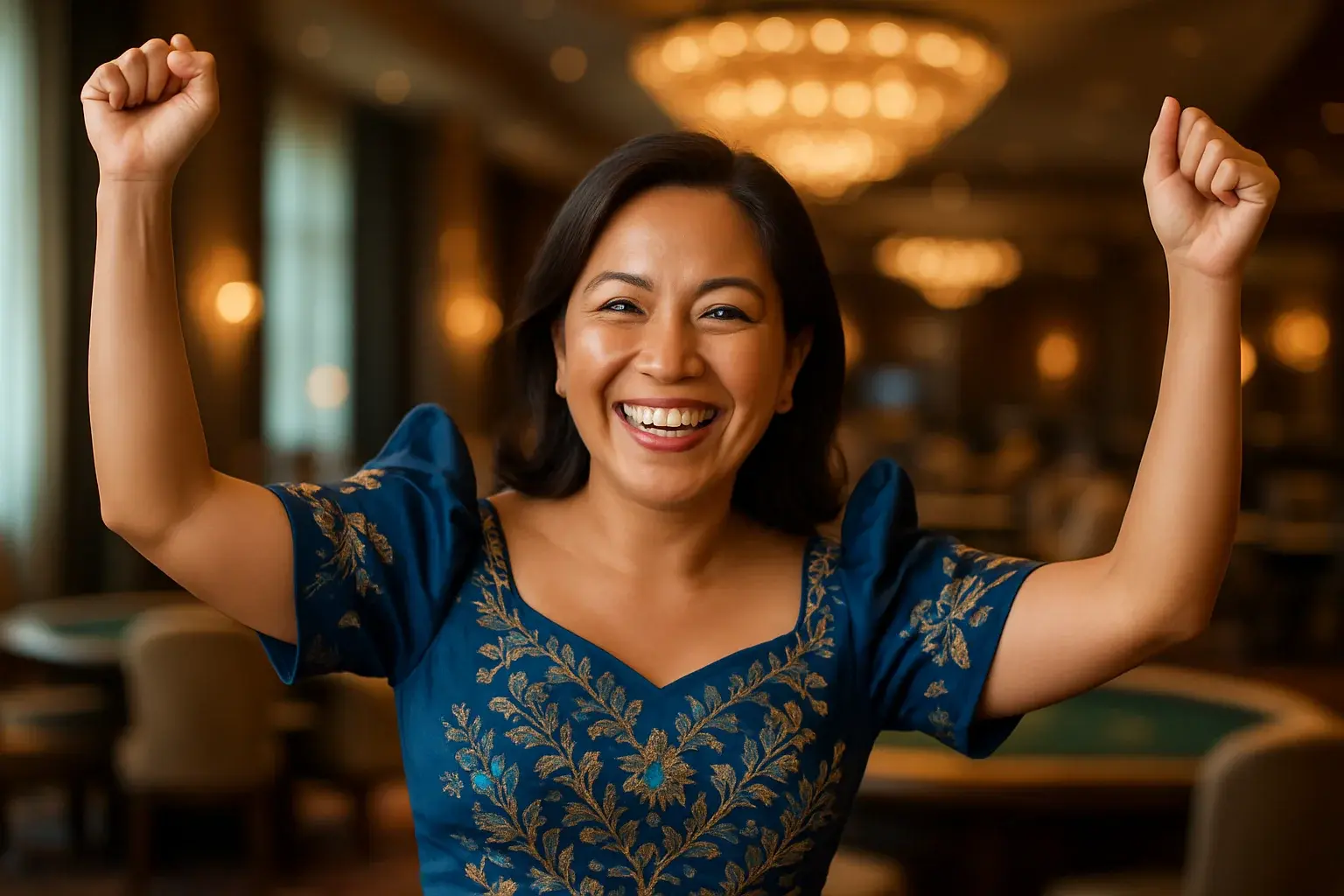 Joyful Filipino woman in Filipiniana dress celebrating in casino VIP lounge