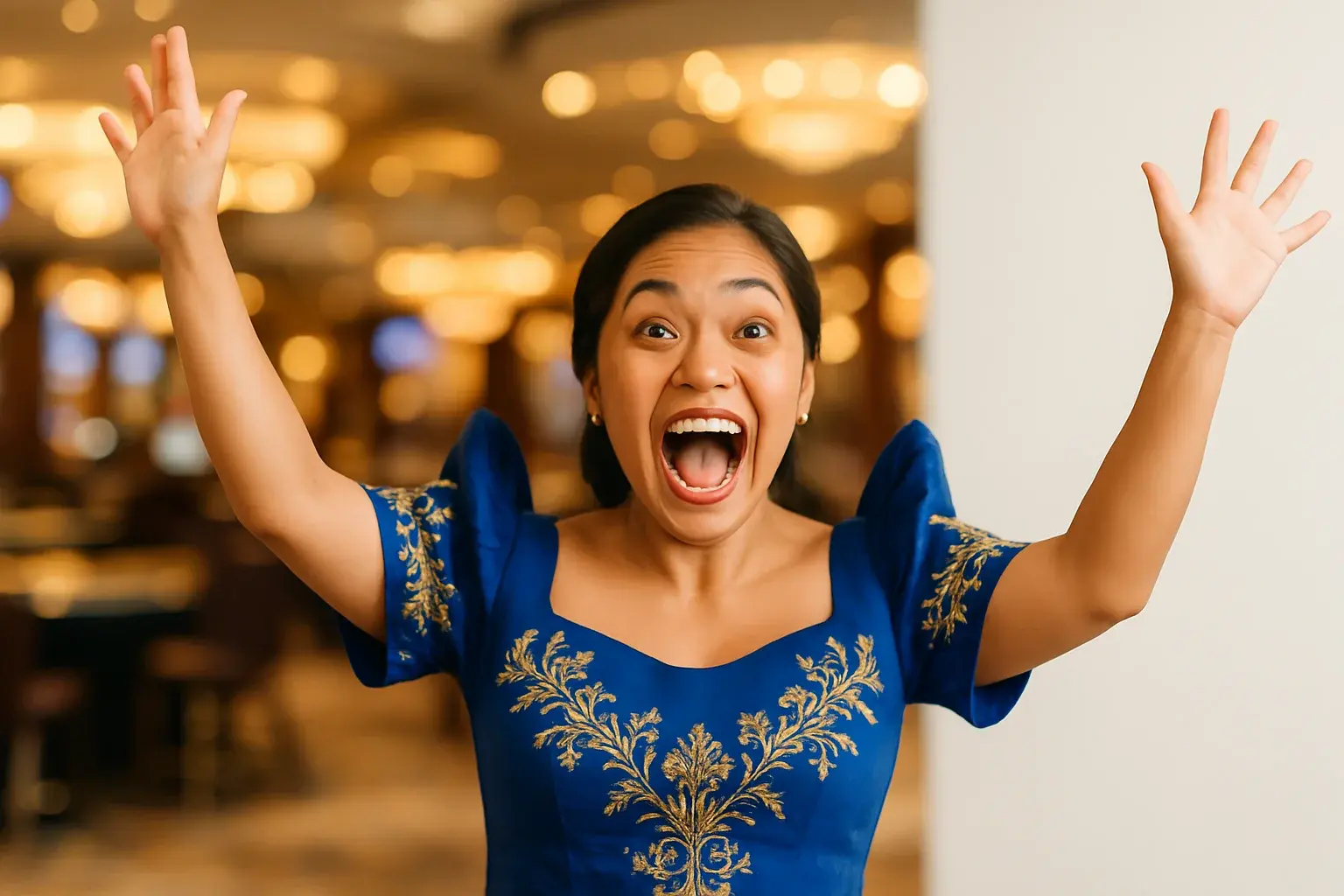 Thrilled Filipino woman in Filipiniana attire celebrating in blurred casino lounge