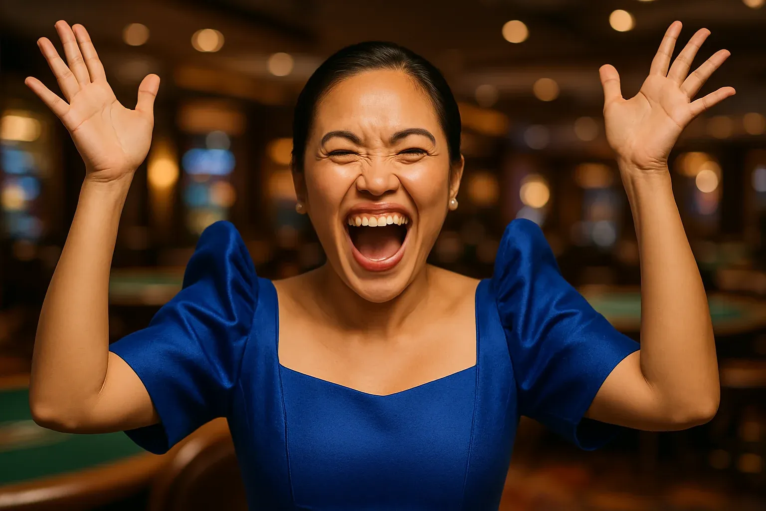 Thrilled Filipino woman in royal blue Filipiniana dress celebrating in casino lounge