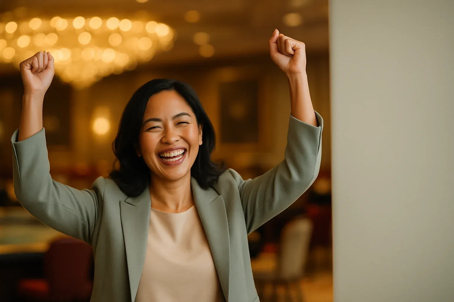 Joyful Filipino woman celebrating in VIP casino lounge with golden lighting