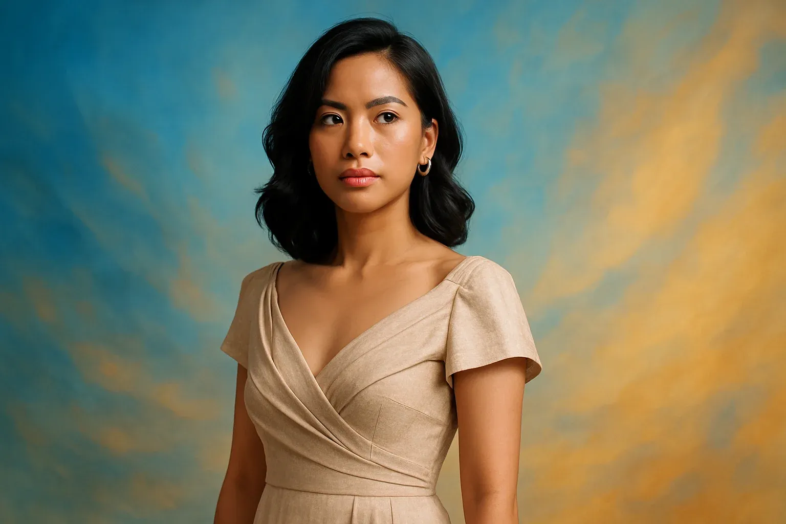 High-resolution portrait of stylish Filipino woman in elegant dress on vibrant blue and gold gradient background