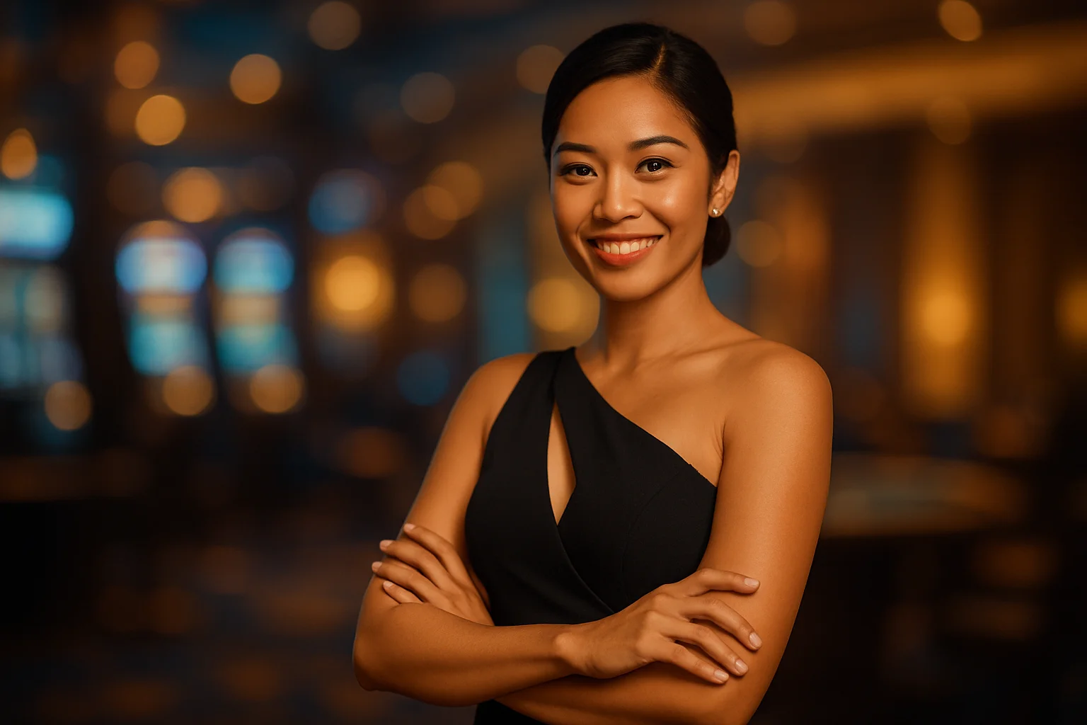 Elegant Filipino woman in evening dress smiling, blurred casino background