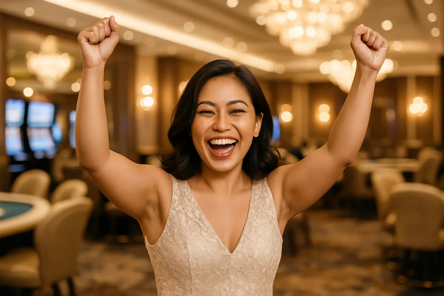 Joyful Filipino woman in elegant dress celebrating casino win in VIP lounge