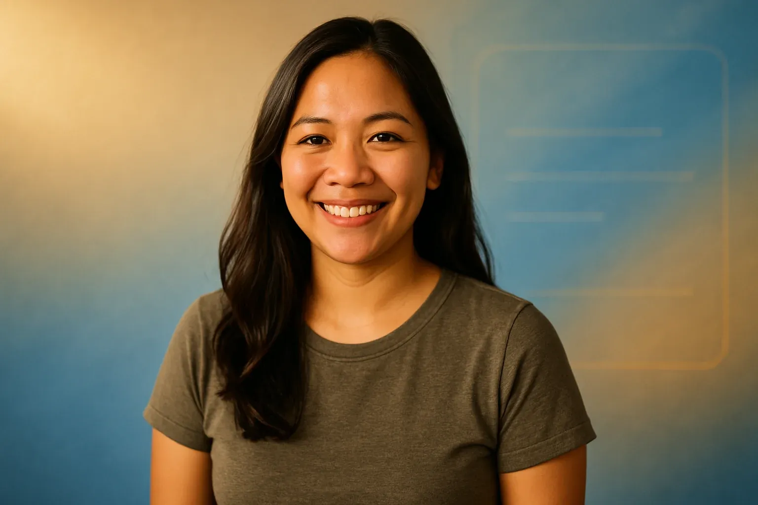 Smiling Filipino woman portrait on abstract blue and gold registration background