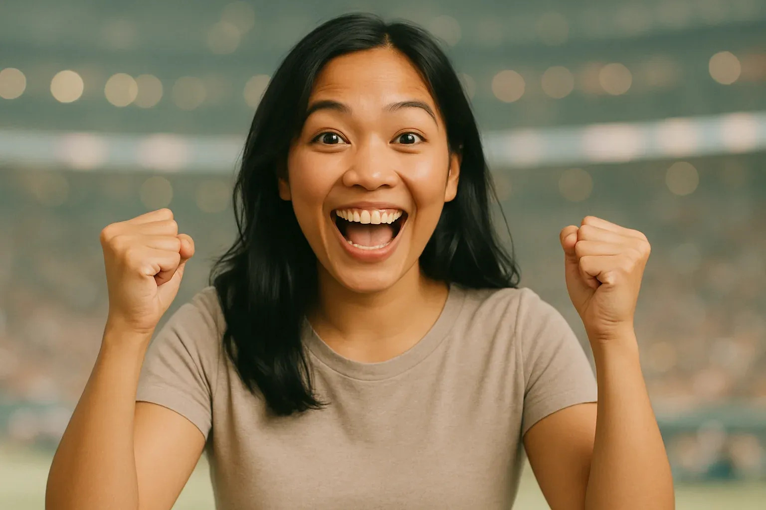 High-resolution portrait of enthusiastic Filipino woman celebrating with raised fists in arena