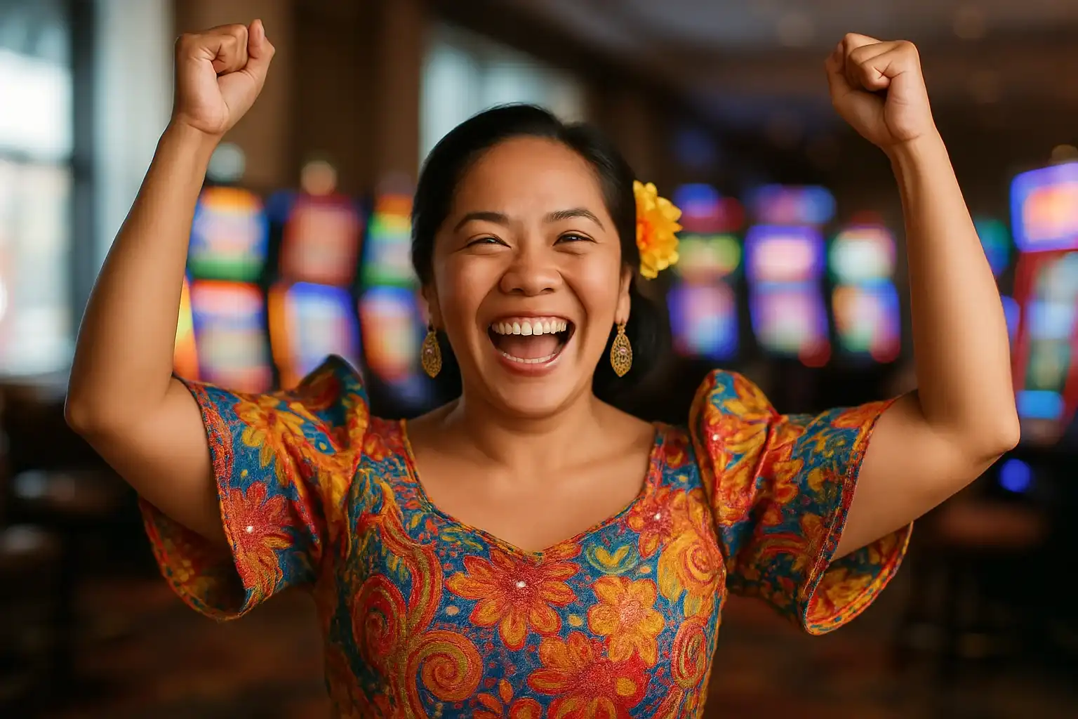 Excited Filipino woman celebrating with raised arms on blurred casino slot floor