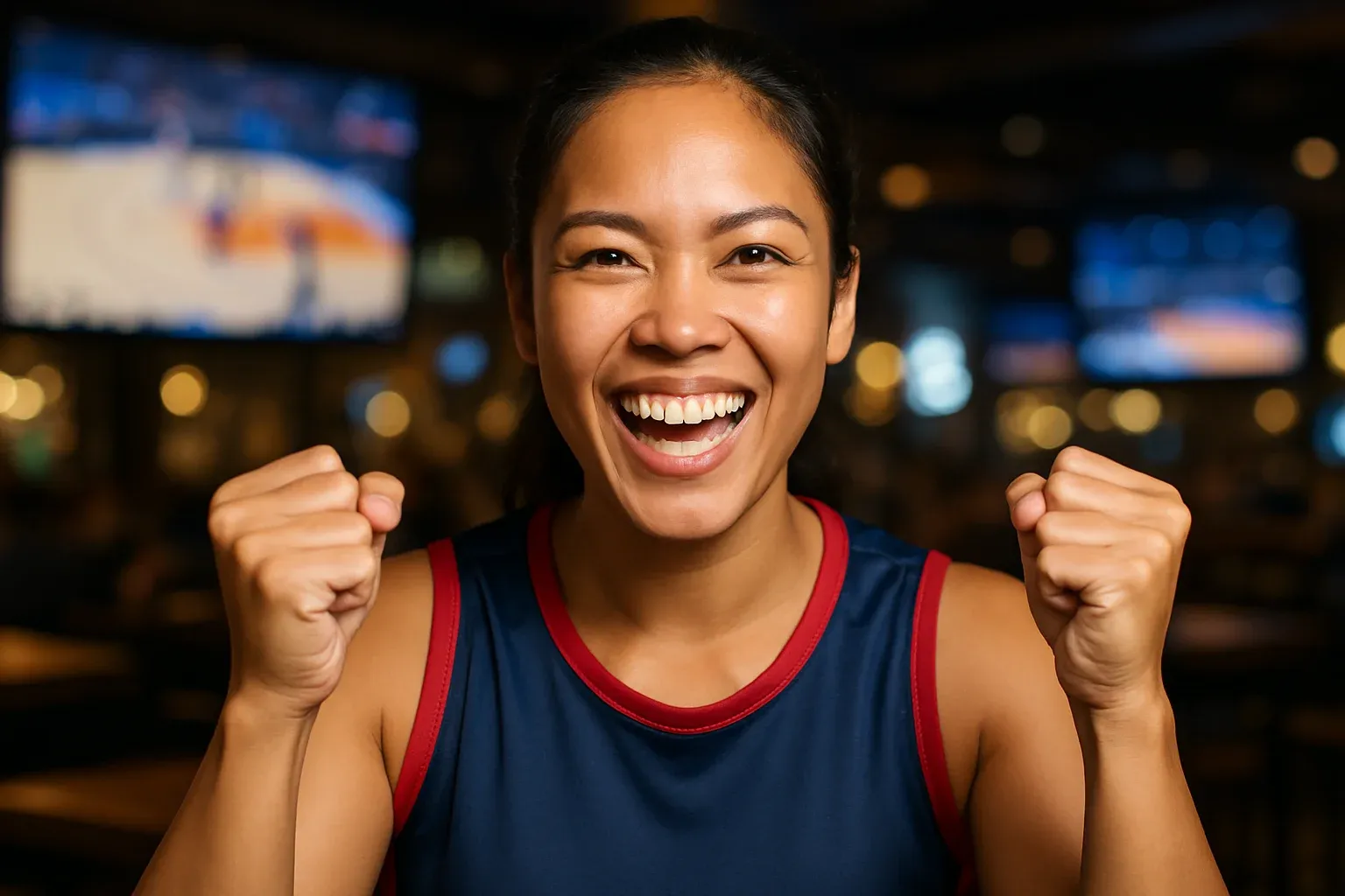 Enthusiastic Filipino woman in sports attire celebrating in a sports bar
